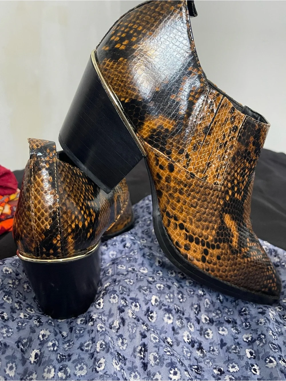 Snake-Print Pointed Toe Ankle Boot - Brown